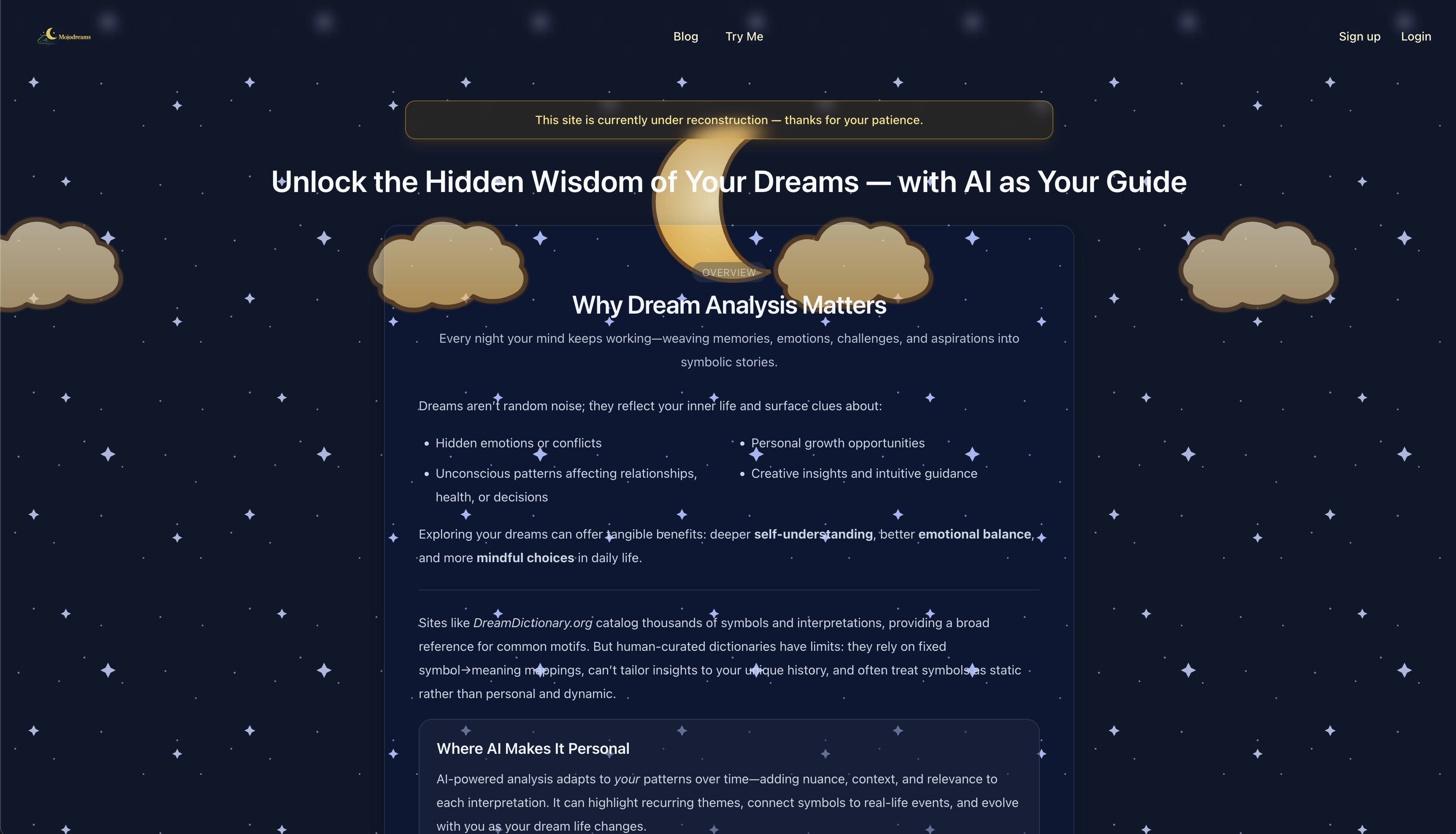 MojoDreams main navigation screen